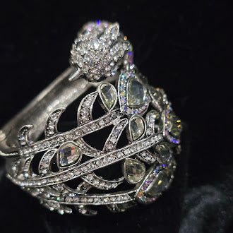 Bird of Paradise Peacock Hinged Cuff Bracelet Silver Tone Iridescent Rhinestones Statement Animal Cuff Vintage Glam Style