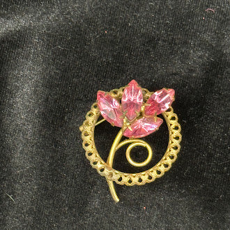 Gold Tone Filigree Wreath Brooch Pink Marquise Crystal Flower Swirl Stem Pin