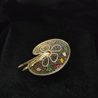 Spain cloisonne painter's palette brooch with enamel paint dabs and brushes, view 2