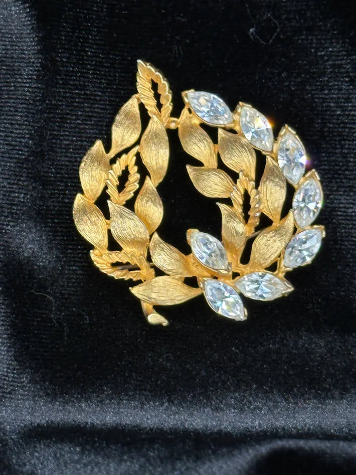 Signed TOP gold-tone leaf wreath brooch with marquise-cut clear crystals, view 2