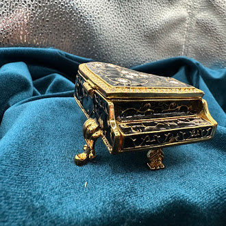 Black Enamel Grand Piano Trinket Box Gold Tone Floral Lid Rhinestone Trim
