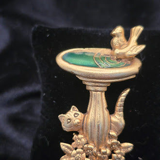 Vintage Gold Tone Cat and Bird Bath Brooch with Green Enamel Basin, Whimsical Garden Scene Figural Pin