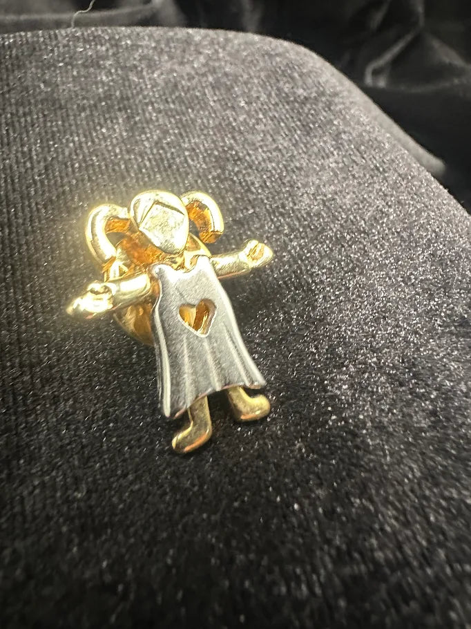 Vintage Two Tone Child Brooch with Heart Cutout Dress