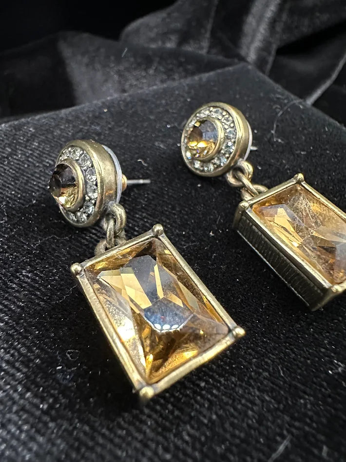 (SOLD) Heidi Daus Crystal Drop Earrings Gold Tone Rectangular Dangle Statement Designer Rhinestone