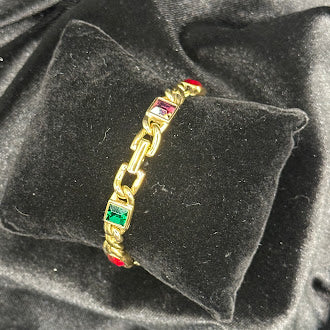 Swarovski Crystal Link Bracelet Multicolor Red Green Yellow Purple Stones Gold Tone Vintage Style Bracelet