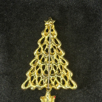 Gold-tone openwork Christmas tree brooch with red, green and clear rhinestones and star, view 3