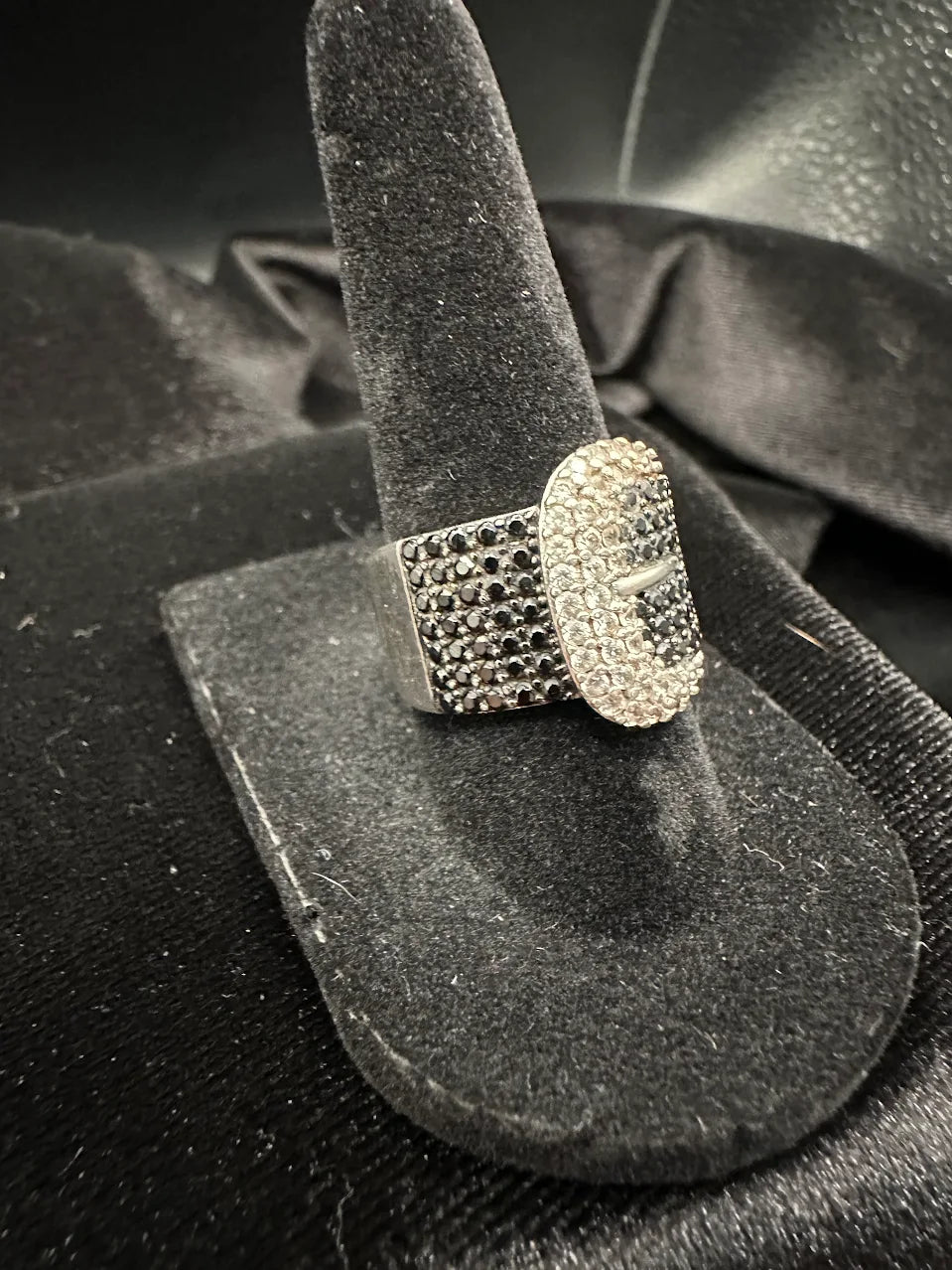 Silver Tone Black Crystal Buckle Ring Wide Band Statement Design