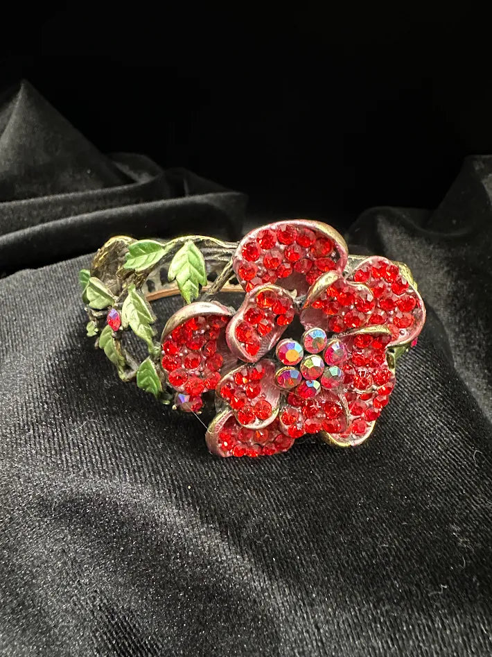 Red Crystal Flower Bracelet Hinged Cuff Rhinestone Floral Statement Bracelet Enamel Leaf Accent Bold Jewelry