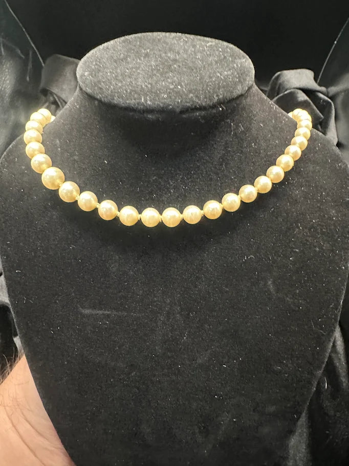 Single strand cream faux pearl necklace with gold-tone crystal accent clasp, view 4