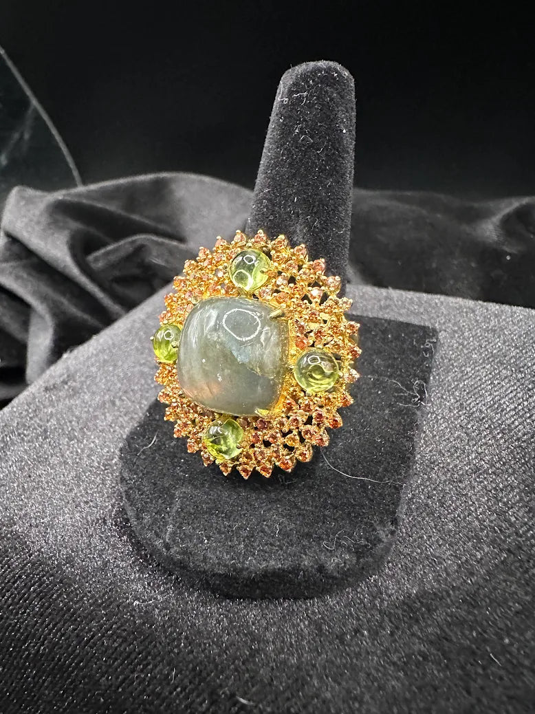 Gold Tone Cluster Ring Gray Cabochon Green Accent Stones MCM Statement Cocktail Ring