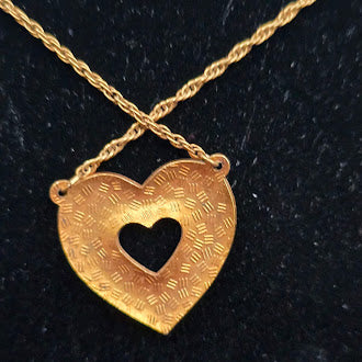 Gold Tone Cloisonné Style Floral Heart Pendant Necklace with Enamel Detail and Open Cutout Center