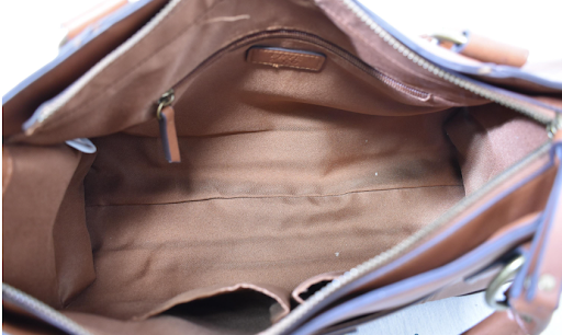 Brown faux leather structured satchel with dual top handles, view 3