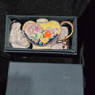 (SOLD) Kelvin Chen Enamel on Copper Miniature Teapot Hand Painted Fruit Basket Design Numbered 1998 with Box Certificate