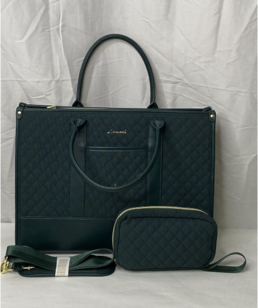 Green Quilted Laptop Briefcase Set – Tote Work Bag with Matching Case & Strap – Office Travel Carryall