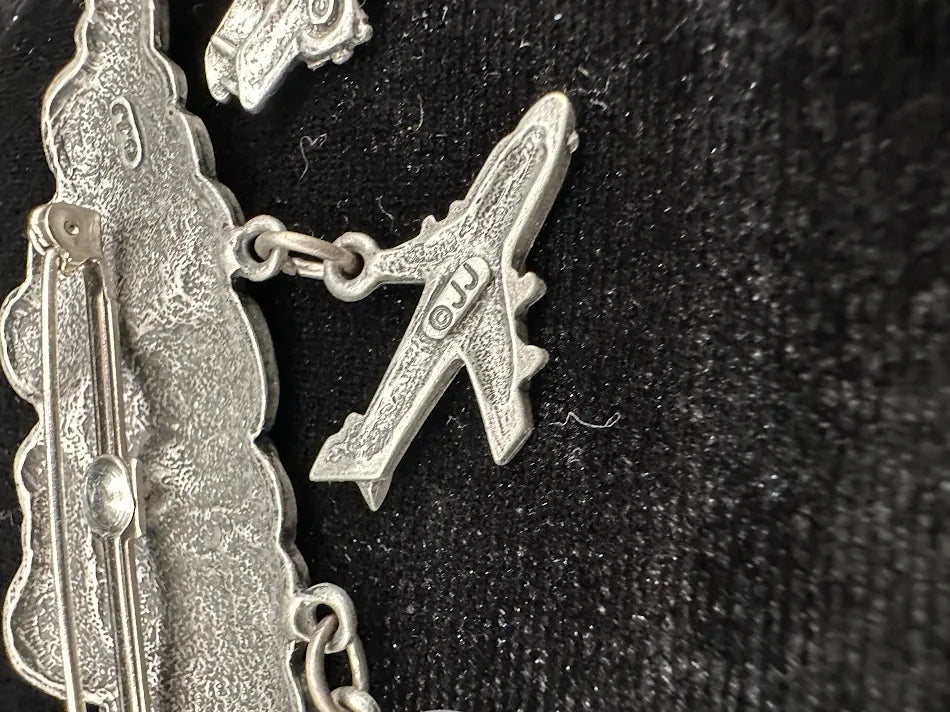 Signed JJ silver-tone cloud brooch with dangling airplanes, helicopter and hot air balloon, view 2
