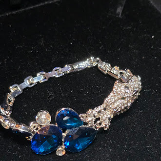 Silver Tone Panther Bracelet with Blue Crystal Stones Big Cat Statement Rhinestone Jewelry Vintage Style