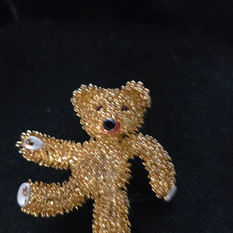 Camrose and Kross gold-tone teddy bear brooch with clear crystals and red bow, view 2