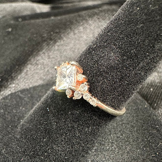 Sterling Silver Princess Cut CZ Ring with Accent Stones – Size 6