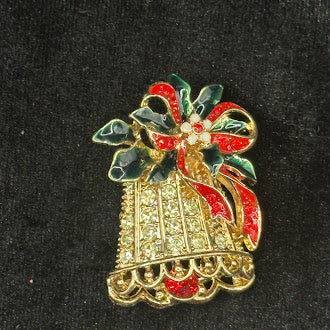 Gold-tone Christmas bell brooch with clear rhinestone rows and red and green enamel bow, view 2