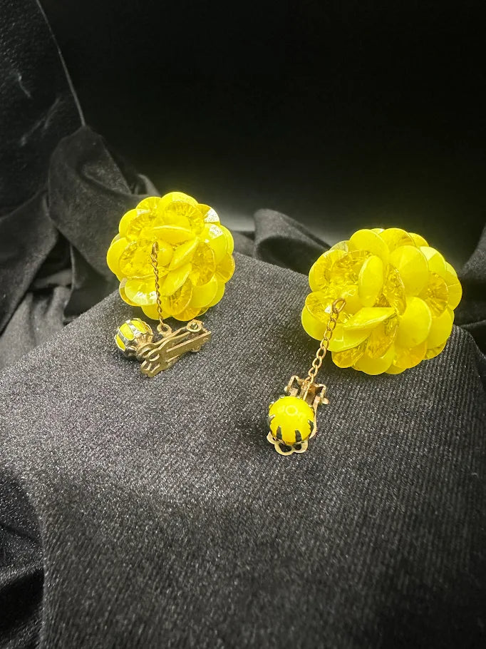 Yellow translucent flower dangle clip earrings with bead and charm drops, view 4