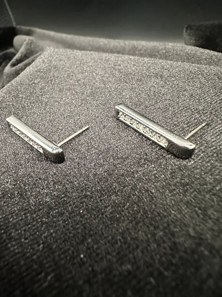 Swarovski silver-tone bar stud earrings with row of clear crystals, view 5
