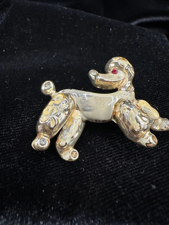 Gold-tone stylized poodle brooch with clear crystal accents and red eye, view 2