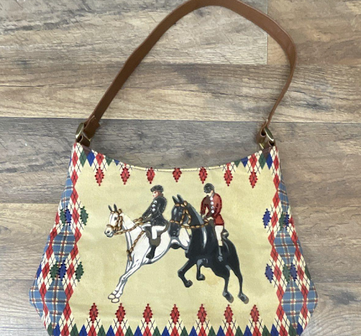 Vintage Bueno 90s Equestrian Fox Hunt Shoulder Bag Argyle Horse Rider Novelty Purse