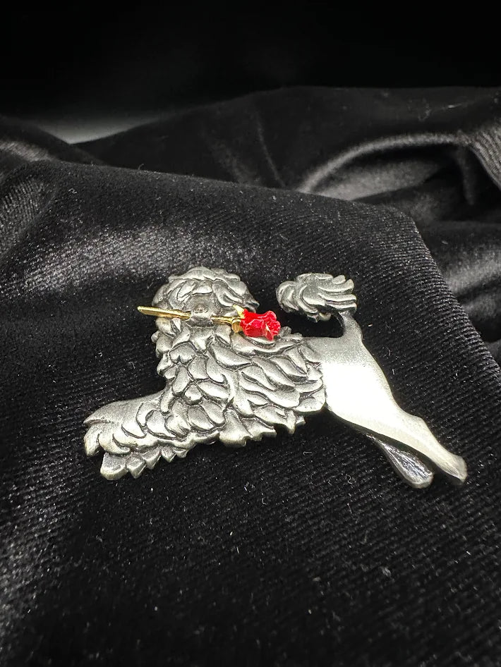(SIGNED M FIELDS) JJ pewter poodle brooch with red flower accent