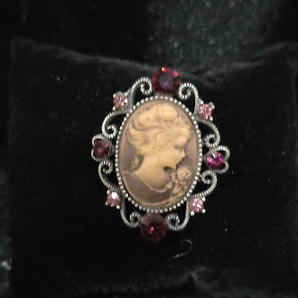 Early 1990s to 2000s Cameo Brooch Silver Tone Oval Portrait Pin with Pink Purple Rhinestones Scrollwork Frame Safety Clasp