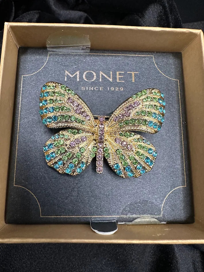 Monet gold-tone butterfly brooch with green, aqua and violet crystals, with Monet box, view 4