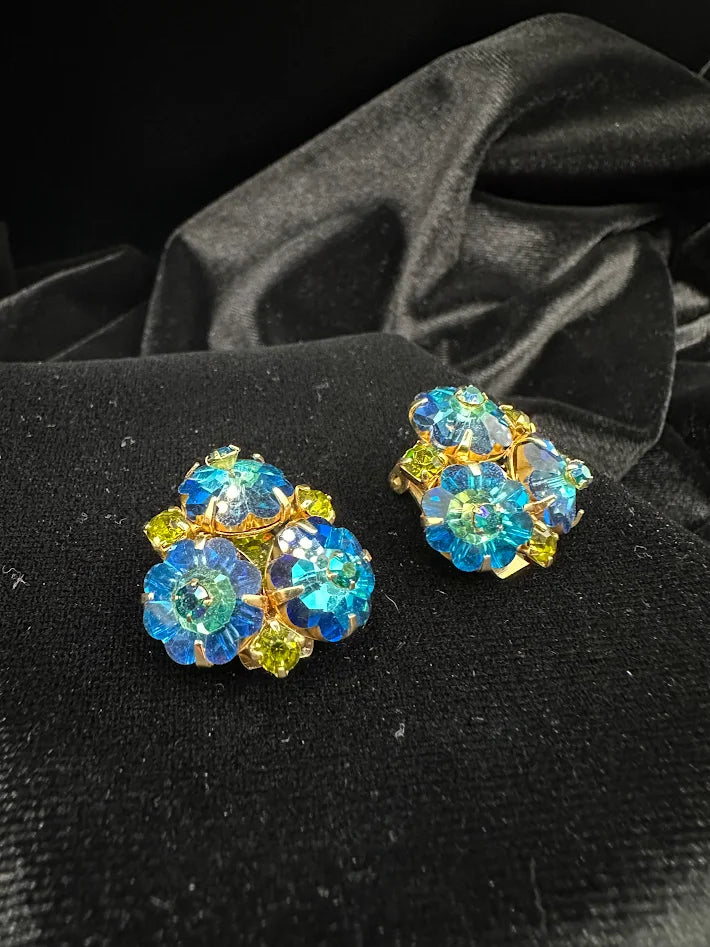 Gold Tone Blue Aurora Borealis Crystal Cluster Clip Earrings Floral Rhinestone Vintage Statement Jewelry