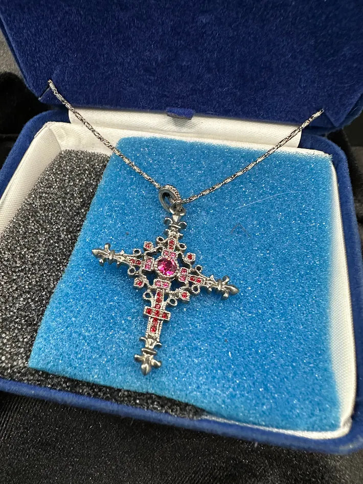 JBK Red Crystal Cross Necklace Silver Tone Ornate Pendant Gothic Style With Box