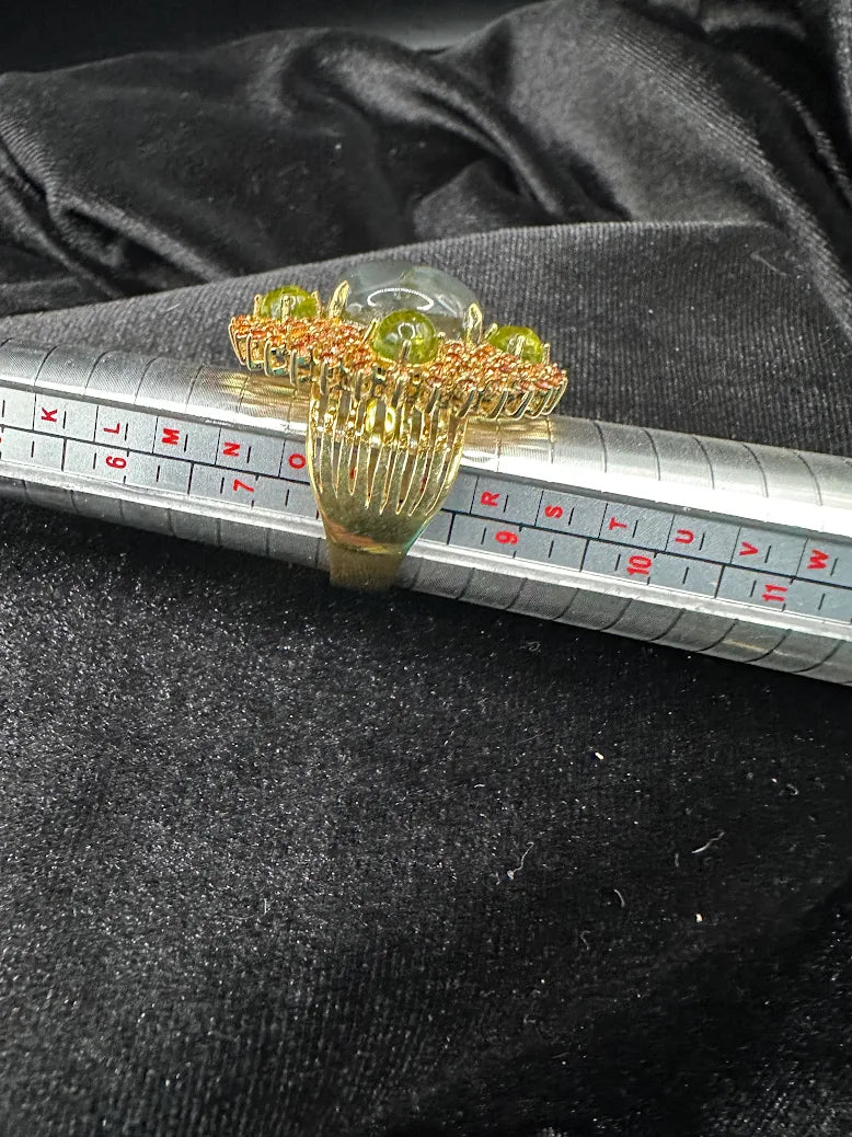 Vintage Gold Tone Cluster Ring Gray Cabochon Green Accent Stones MCM Statement Cocktail Ring