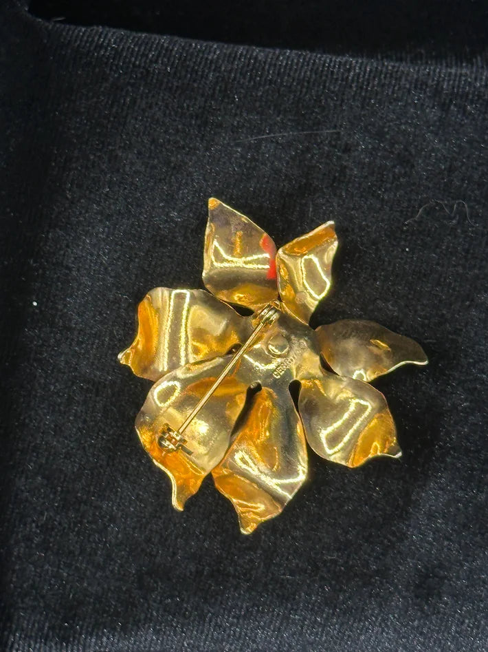 Signed Cerrito gold-tone poinsettia brooch with layered red enamel petals and bead center, view 3