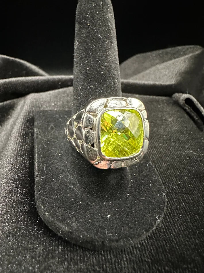 Sterling Silver Green Quartz Statement Ring Size 7 Large Cushion Cut Peridot Style Artisan Ring