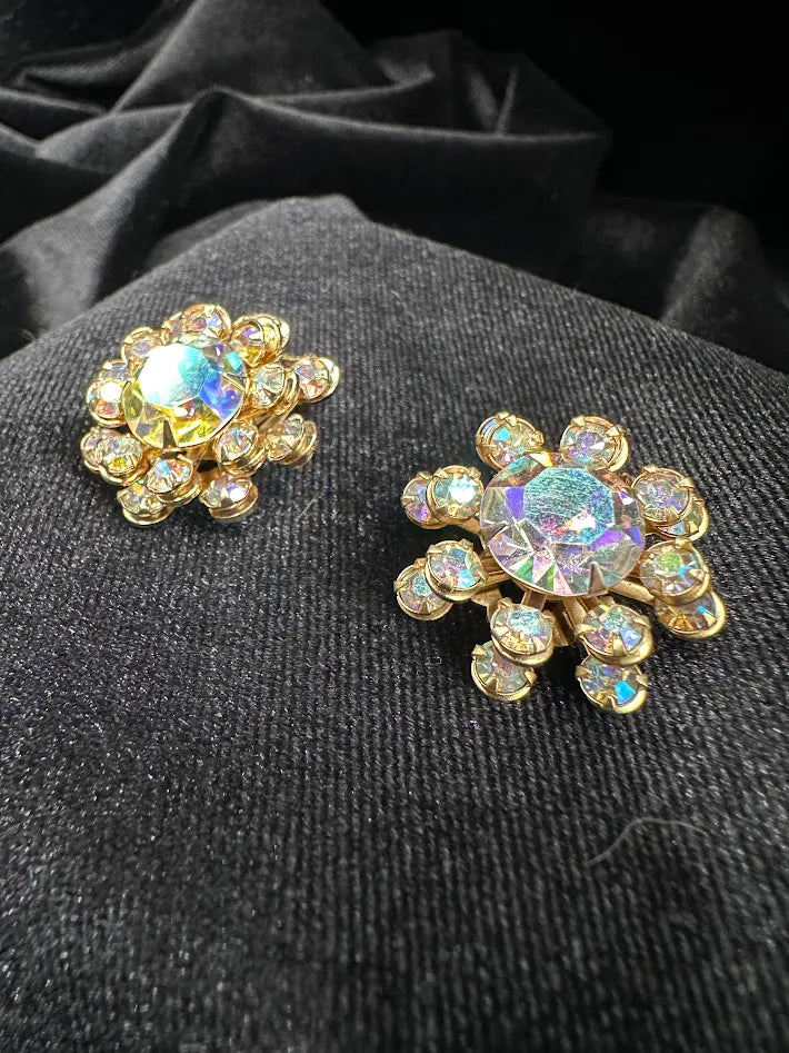 Gold-tone round cluster screw back earrings with large aurora borealis crystal center, view 3