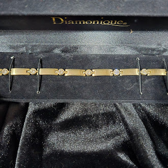 Vintage Diamonique Gold Tone Rhinestone Link Bracelet with Original Box, Simulated Diamond Tennis Style Bracelet 18.5cm Estate Glam Jewelry