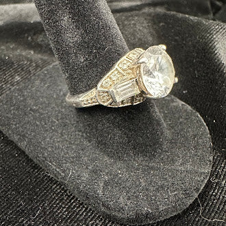 Vintage Art Deco Style 925 Sterling Silver CZ Ring Round Center with Baguette Accents Size 7