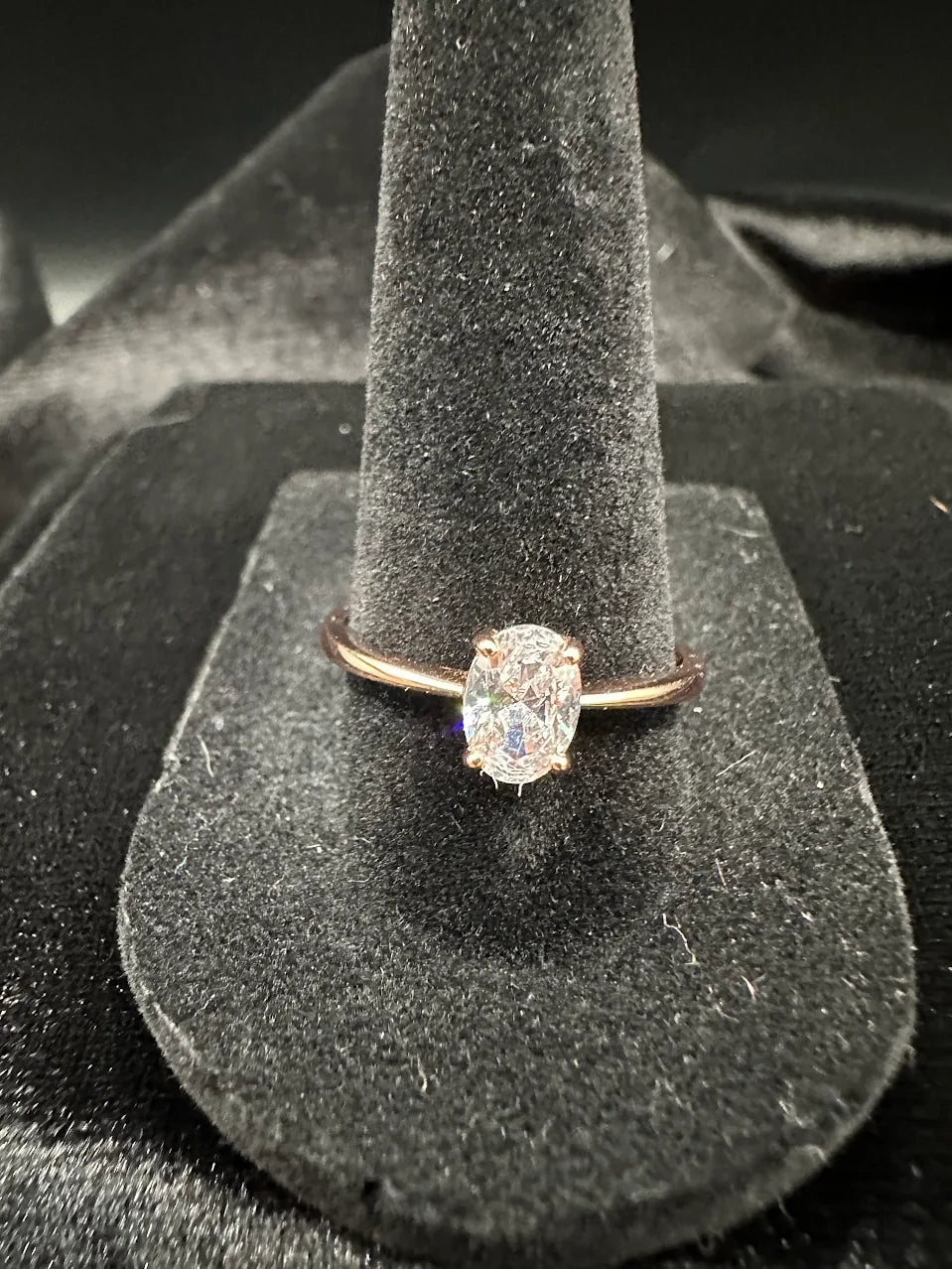 Rose gold-tone solitaire ring with oval clear crystal in open prong setting, view 2