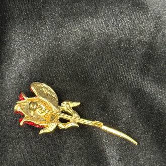 Monet Gold Tone Red Enamel Rose Brooch Green Rhinestone Leaves Floral Pin Signed