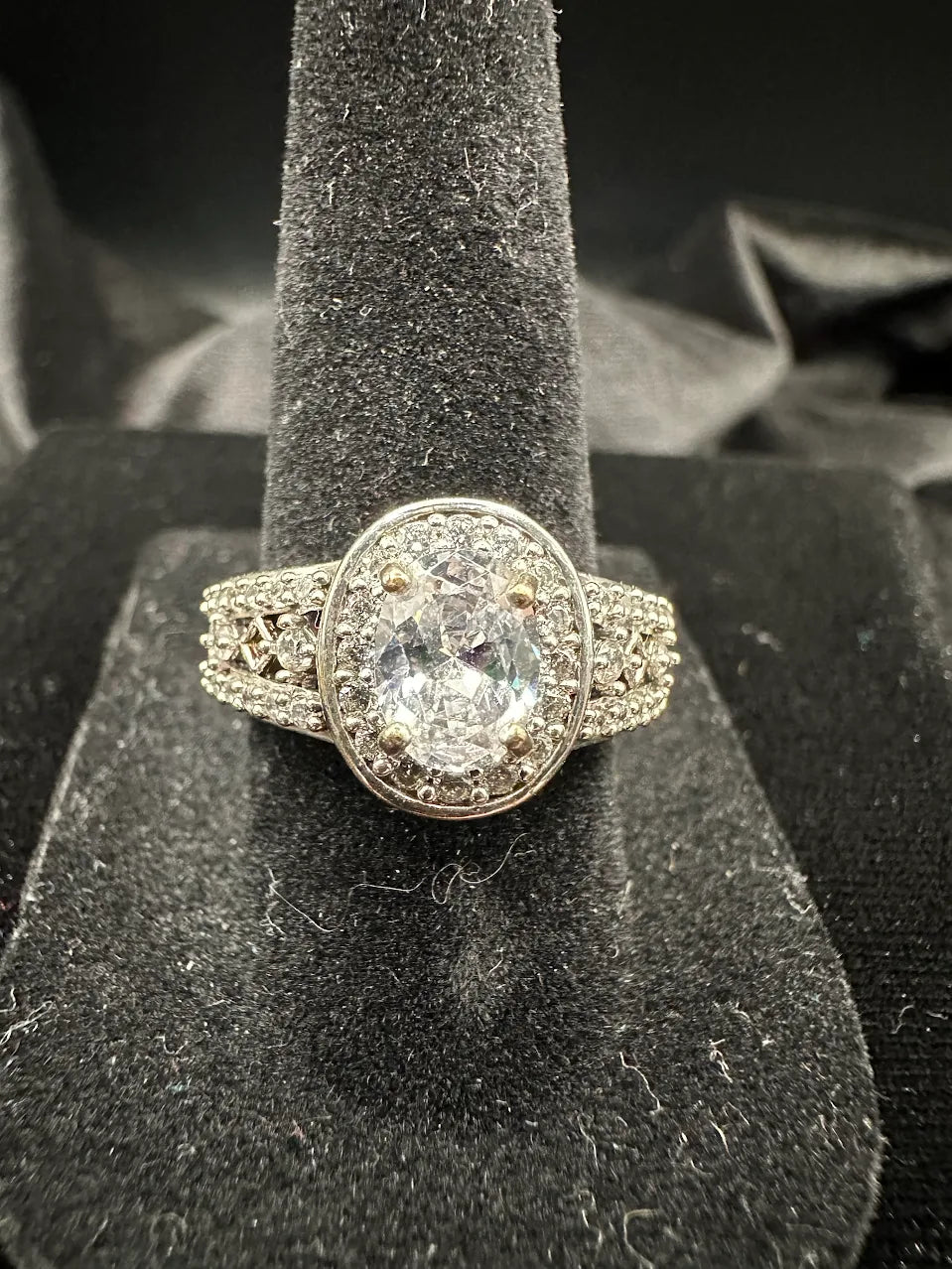 Silver Tone Clear Crystal Ring Oval Halo Statement Openwork Band Design