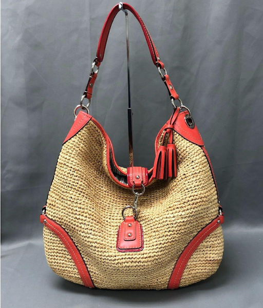 Coach oversized straw hobo with tangerine leather trim, view 3