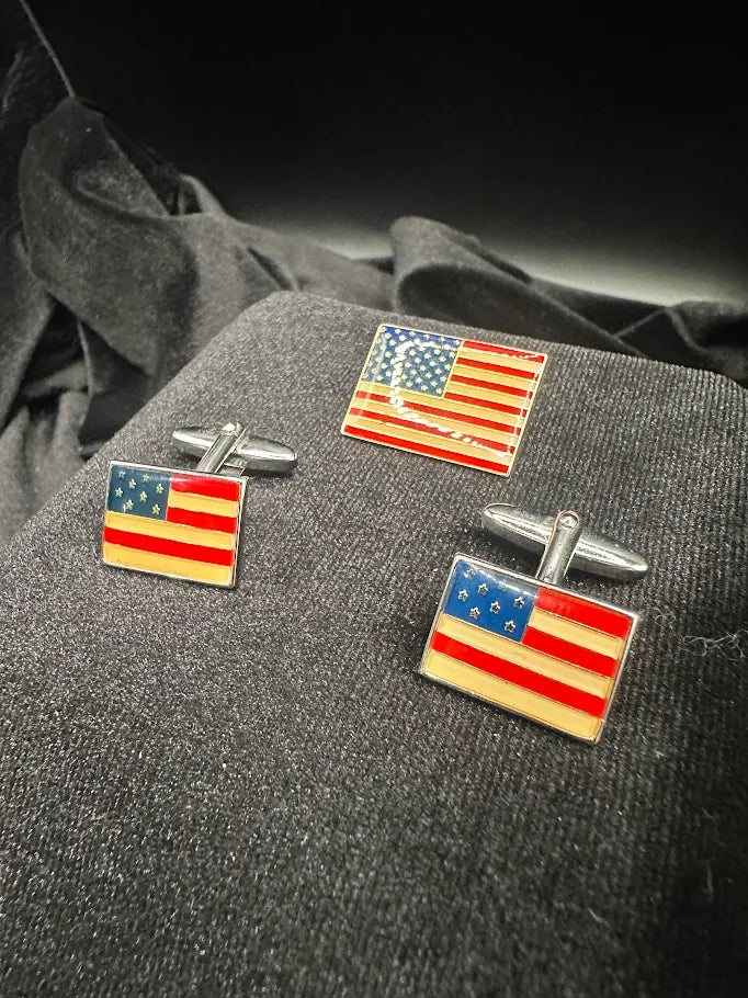 American flag cufflinks and matching lapel pin in silver tone with red, white and blue enamel-style detail, view 3