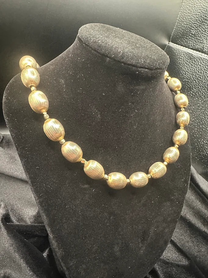 Trifari Gold Tone Textured Oval Bead Necklace Vintage Statement Jewelry