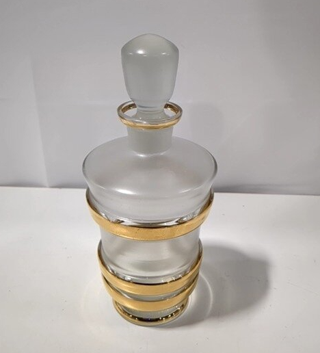 Mid-Century Frosted Glass Decanter and 5 Glasses, Gold Band