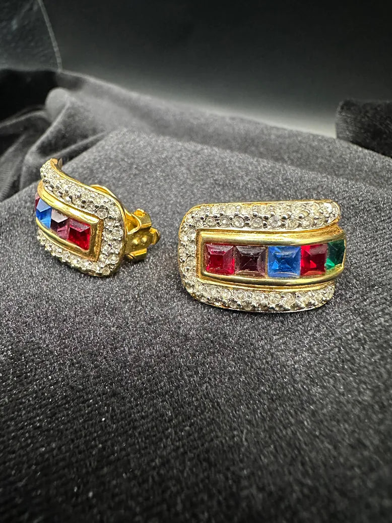 Vintage Piscitelli Gold Tone Rainbow Rhinestone Earrings Crystal Pave Statement Designer Jewelry
