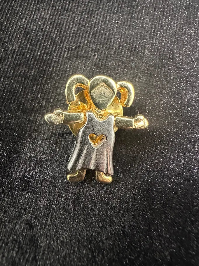 Two-tone figural brooch of a little girl with a heart cutout dress and golden hair, view 5