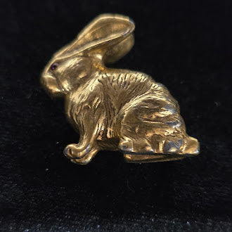 Signed Gold Tone Bunny Brooch Sculpted Rabbit Pin with Red Eye Detail