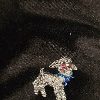 Small silver-tone textured lamb brooch with blue bow and red eye, view 3
