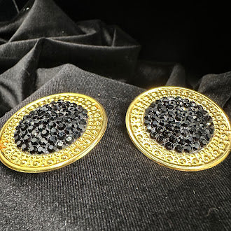 Signed Richard Kerr large round gold-tone clip earrings with black crystal centers, view 5